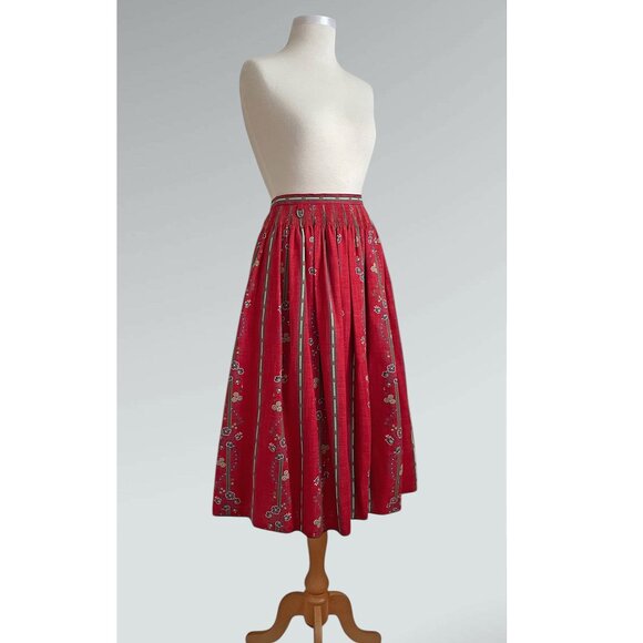 Vintage Dirndl Red Floral Print High-Waisted Midi Flared Prairie Folk Skirt - Picture 5 of 11